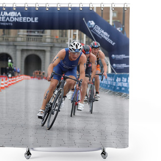 Personality  STOCKHOLM, SWEDEN - JUL 02, 2016: Group Of Male Triathlete Cyclists, Kristian Blummenfelt (NOR)  And Competitors In The Men's ITU World Triathlon Series Event July 02, 2016 In Stockholm, Sweden Shower Curtains