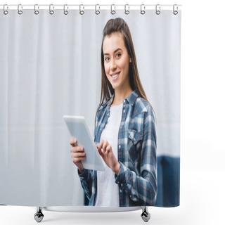 Personality  Happy Young Woman Using Digital Tablet And Smiling At Camera Shower Curtains