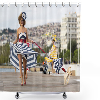 Personality  Models Walk An During  Outdoor Fashion Show With Clothing Made O Shower Curtains