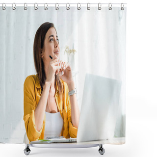 Personality  Beautiful Thoughtful Freelancer Working On Laptop In Home Office Shower Curtains