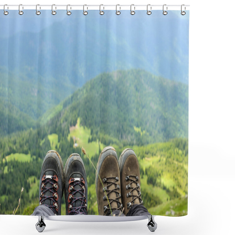 Personality  Hiking Boots Of Traveler Sitting On High Mountain Top Shower Curtains