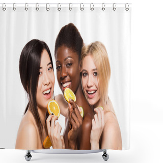 Personality  Three Different Ethnic Women With Lemon, Orange And Cucumber  Shower Curtains
