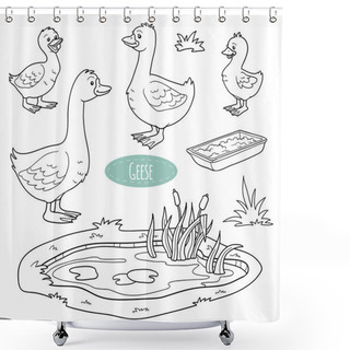 Personality  Set Of Cute Farm Animals And Objects, Vector Goose Family Shower Curtains