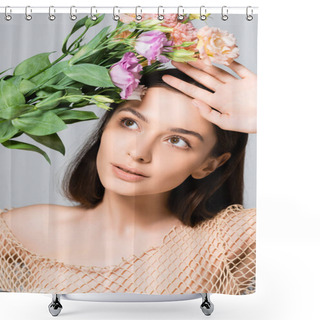 Personality  Beautiful Young Woman In Beige Mesh Posing With Bouquet Of Eustoma Flowers Isolated On Grey Shower Curtains