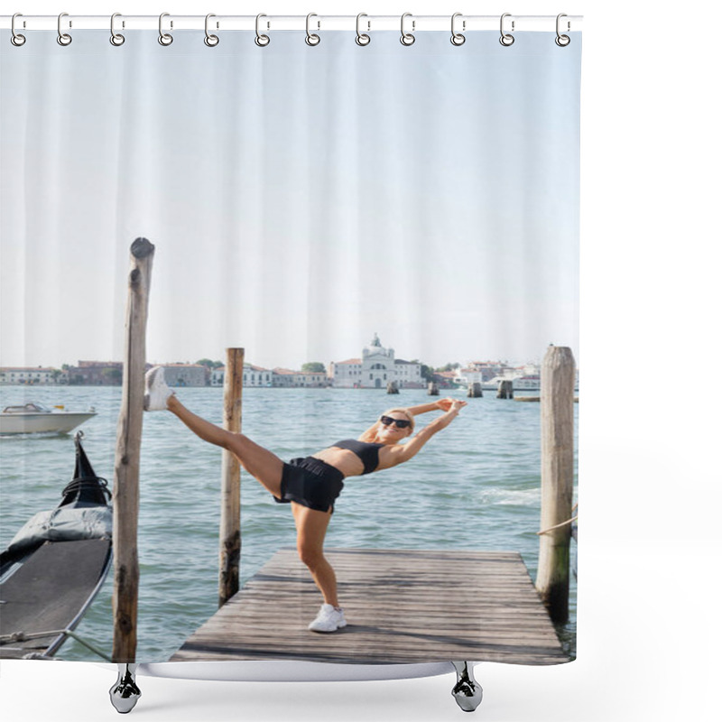 Personality  Smiling Sportswoman In Sunglasses, White Sneakers, Black Crop Top And Shorts Training On Pier In Venice  Shower Curtains
