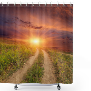 Personality  Road In Steppe On Sunset Shower Curtains