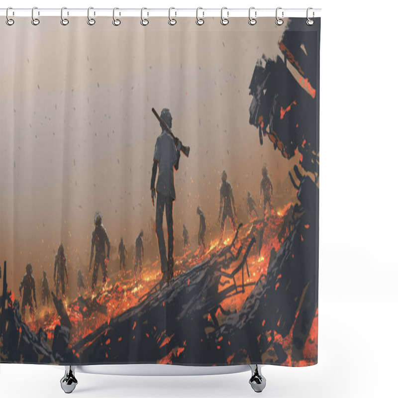 Personality  the man facing a zombie group, digital art style, illustration painting shower curtains