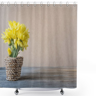 Personality  Yellow Flower In Vase Made From Bamboo On Wooden Table, Shower Curtains