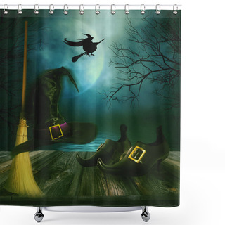 Personality  Witches Broom Hat And Shoes With  Halloween Background Shower Curtains