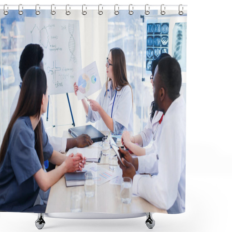 Personality  Female Doctor Holding In Hands X Ray Result On The Meeting At Modern Clinic.. Professional Doctors Of Multi Ethnic Group Examine X Ray Lungs Of Patient. Health Care Concept. Shower Curtains