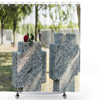 Personality  Selective Focus Of Red Rose On Tomb In Cemetery  Shower Curtains