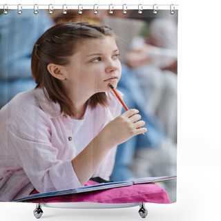 Personality  Back To School, Smart And Pensive Girl Holding Pencil Near Mouth, Thinking, Notebook, Ideas, Study Shower Curtains