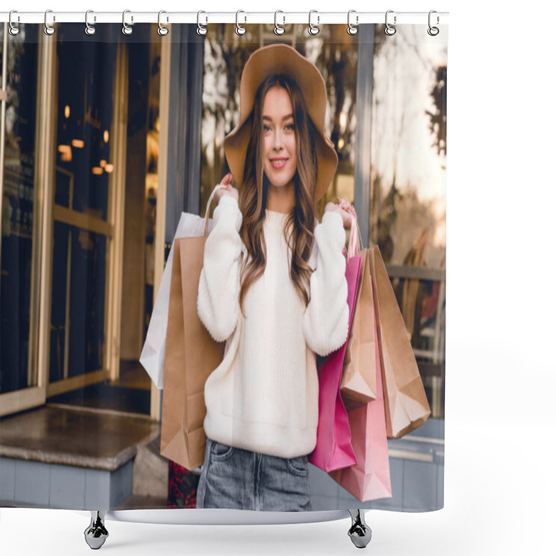 Personality  happy girl in hat smiling while holding shopping bags  shower curtains