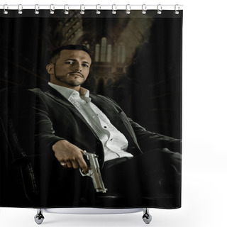 Personality  Elegant Man Sitting In A Chair Holding  Gun Over Dark Background Shower Curtains