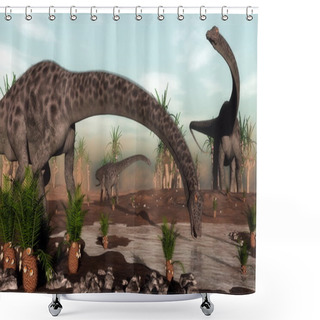 Personality  Diplodocus Dinosaurs Herd Going To Drink - 3D Render Shower Curtains