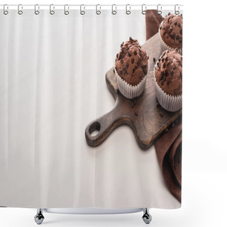 Personality  Fresh Chocolate Muffins On Wooden Cutting Board Near Brown Napkin Shower Curtains