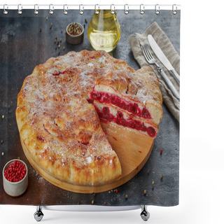 Personality  Traditional Caucasian Dish - Ossetian Pies With Cheese, Potatoes, Herbs, Cottage Cheese, Cherries, Beef, Mushrooms, Dark Background Shower Curtains