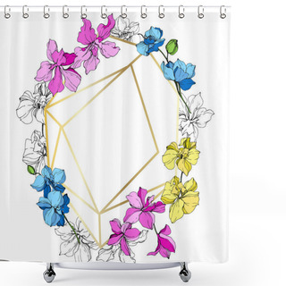 Personality  Pink, Blue And Yellow Orchid Flowers. Engraved Ink Art. Frame Golden Crystal. Geometric Crystal Stone Polyhedron Mosaic Shape. Shower Curtains