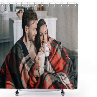 Personality  Happy Young Couple With Mugs Of Cocoa With Marshmallow Relaxing On Couch And Covering With Plaid Shower Curtains