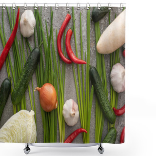 Personality  Top View Of Chili Peppers, Onion, Cucumbers, Garlic, Chinese Cabbage And Green Onions On Grey Concrete Background Shower Curtains