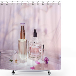 Personality  Perfume Bottle On A Light Pink Floral Background. Selective Focus. Perfumery Collection, Cosmetics. Shower Curtains