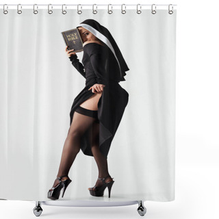 Personality  Happy Passionate Nun In Black Dress And Stockings Reading Bible On Grey Shower Curtains