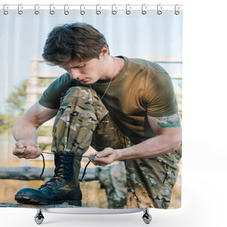 Personality  Portrait Of Soldier In Military Uniform Tying Shoelaces Shower Curtains