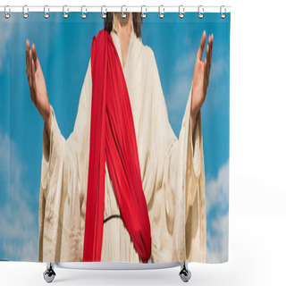 Personality  Panoramic Shot Of Jesus With Outstretched Hands Against Blue Sky  Shower Curtains