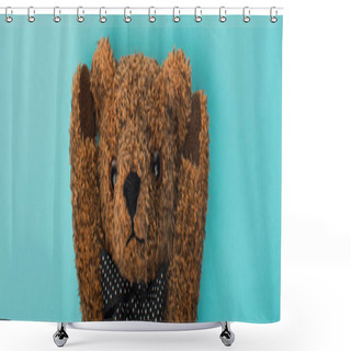 Personality  Top View Of Brown Teddy Bear On Blue Background, Panoramic Shot Shower Curtains