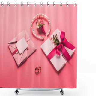 Personality  Wedding Rings, Pearl Necklace, Boutonniere And Pink Envelopes With Invitations On Pink Surface Shower Curtains