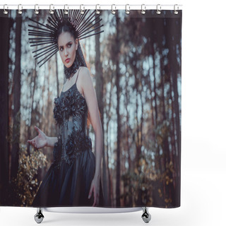 Personality  Low Angle View Of Elegant Woman In Witch Costume Standing On Forest Background, Looking Away Shower Curtains