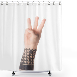 Personality  Partial View Of Tattooed Man Showing Letter W In Deaf And Dumb Language Isolated On White Shower Curtains