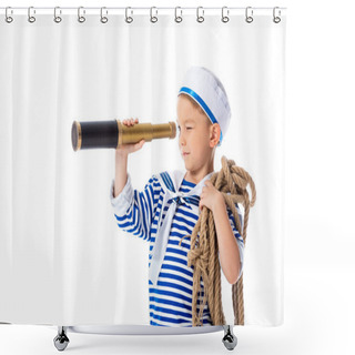 Personality  Focused Preschooler Child In Sailor Costume Looking In Spyglass And Holding Rope Isolated On White Shower Curtains