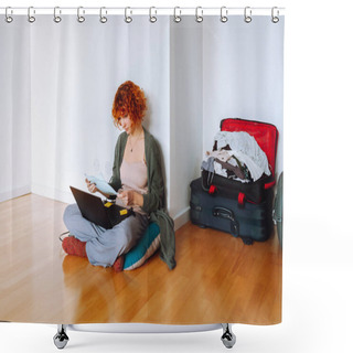 Personality  Portrait Red-haired Teen Girl Sitting On Floor In An Empty Unfurnished Room, Using Tablet, Unassembled Suitcases Standing Nearby, Concept Moving, Renting Housing For Students, Studying Online At Home Shower Curtains