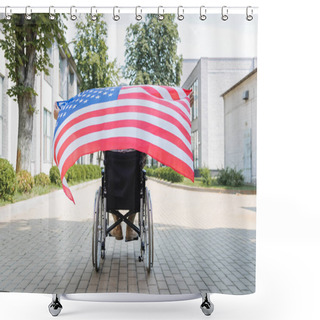 Personality  Back View Of Handicapped Soldier In Wheelchair Holding Usa Flag On City Alley Shower Curtains