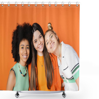 Personality  Portrait Of Smiling And Multiethnic Teen Girlfriends With Bright Makeup Looking At Camera While Posing Together Isolated On Orange, Trendy Outfits And Fashion-forward Looks, Diverse Races  Shower Curtains