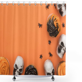 Personality  Top View Of Halloween Cupcakes With Spiders And Skulls On Orange Background With Copy Space Shower Curtains