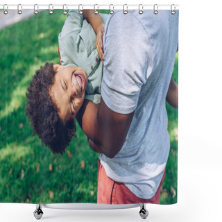 Personality  Cropped View Of African American Man Holding Laughing Son While Having Son In Park Shower Curtains
