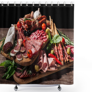 Personality  Cutting Boards With Delicious Salami, Smoked Sausages, Ham And Vegetables On Wooden Rustic Table Shower Curtains