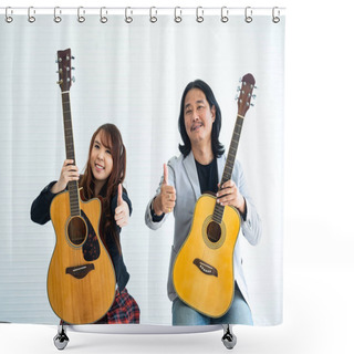 Personality  Portrait Of Asian Duo Artists With An Acoustic Guitar Sitting On A White Background And Show The Gesture Of Thumps Up For Music, Artist, Musician Concept Shower Curtains