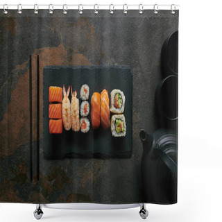 Personality  Top View Of Sushi Set On Black Slate Plate, Teapot And Cups With Tea On Dark Surface Shower Curtains