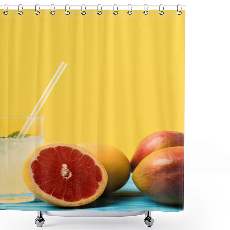 Personality  Close-up View Of Fresh Summer Cocktail And Ripe Tropical Fruits On Yellow Shower Curtains