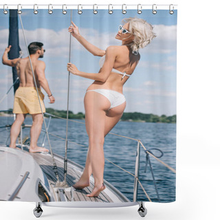 Personality  Beautiful Young Couple In Swimwear Standing Together On Yacht  Shower Curtains