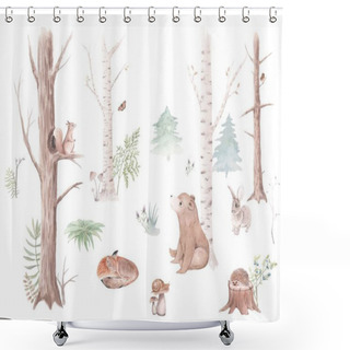Personality  Watercolor Set Forest Animals And Trees, Watercolor Woodland Scene, Bear, Squirrel, Sparrow, Fox, Rabbit, Snail, Hedgehog, Christmas Tree, Stump, For Nursery, Wallpaper, Wall Decor, Stickers Shower Curtains