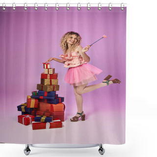 Personality  Cheerful Woman In Tooth Fairy Costume Standing On One Leg Next To Pile Of Gifts Holding Magic Wand Shower Curtains