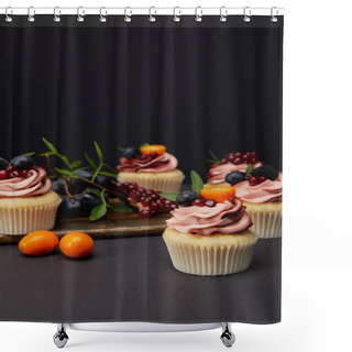 Personality  Cupcakes With Cream, Fruits And Berries On Grey Surface Isolated On Black Shower Curtains