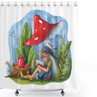 Personality  A Dwarf Sits And Reads A Book In The Forest Under A Large Mushroom. Children's Watercolor Illustration. Cute, Fairy-tale Print. Picnic In Nature. Tea, Book, Plants, Fly Agaric, Cartoon-style Character, Hobbies, Study, Recreation Shower Curtains