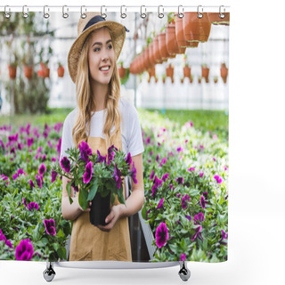 Personality  Young Female Gardener Holding Pot With Flowers In Glasshouse Shower Curtains