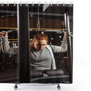 Personality  Selective Focus Of Overweight Girl Doing Arms Extension Exercise On Training Machine Shower Curtains