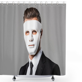 Personality  Mysterious Businessman In Black Suit And Mask Isolated On Grey Shower Curtains